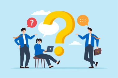 İş dünyasının düz çizimi insanlar soru sorar ve cevap verir takım çalışmasını sembolize eder ve SSS tartışması yoluyla problem çözme