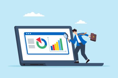 İş adamının düz çizimi, pazar araştırmasını ve SEO analitiğini sembolize eden büyüteçle dizüstü bilgisayardaki verileri analiz ediyor.