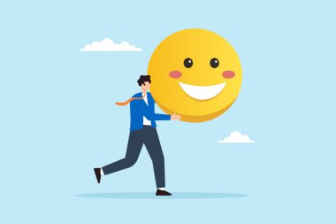 İş adamının düz çizimi, iş memnuniyetini ve iş yerinin moralini sembolize eden büyük gülen bir yüz taşıyor.
