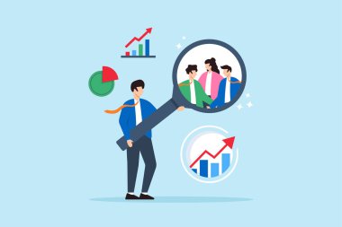 İş adamının düz çizimi, pazarlama anlayışını sembolize eden müşteri grubunun üzerinde büyük bir büyüteç inceler