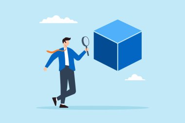 Zeki iş adamlarının düz çizimi, yüzen küp ve büyüteçle ürün araştırmalarını ve vaka çalışmalarını sembolize ediyor.