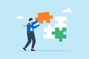 İşadamının düz çizimi, iş sorununu çözmek için eksik olan son yapboz parçasını tamamladı