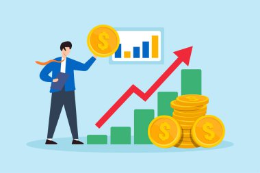 Yatırımcının düz çizimi piyasa büyümesini incelemek için madeni parayı tutarken finansal grafiği analiz ediyor