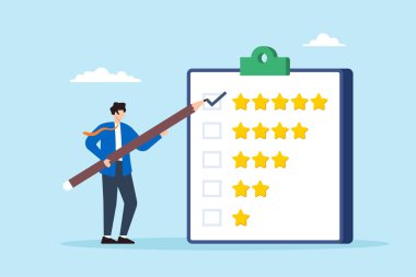 İş adamının düz çizimi geri bildirim anketinde beş yıldız değerlendirmesi yapmak için kalem kullanıyor