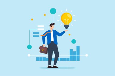 Düz çizim işadamı, iş zekasını sembolize eden veri desenli parlayan ampulü elinde tutuyor.