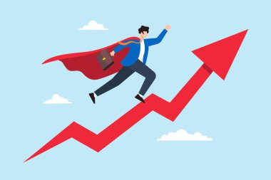 Düz çizim işadamı süper kahraman yükselen okla yukarı doğru uçuyor iş büyümesini ve başarıyı simgeliyor