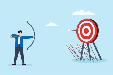 Düz illüstrasyon işadamı, okçuluğu hatadan başarıya ulaşana kadar öğreniyor.