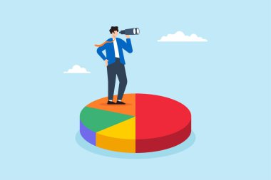 Düz çizim işadamı turta grafiğinin üzerinde durmuş, dürbün analizi ile pazarlama veri ticareti stratejisini inceliyor.