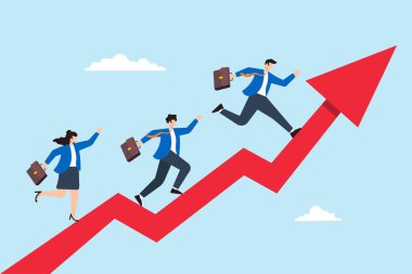 Düz illüstrasyon işi yapanlar yükselen ok ile iş ve kariyer büyümesini sembolize ediyor