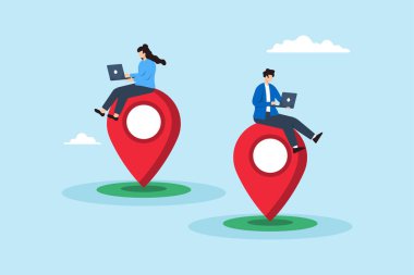 Kadın ve erkeğin dijital göçebeleri sembolize eden farklı konumlarda dizüstü bilgisayarla çalışmalarının düz çizimi