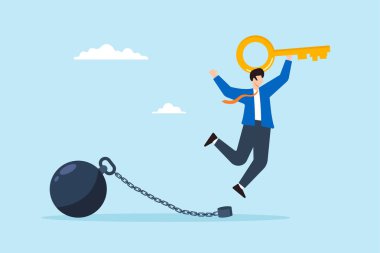Borç özgürlüğünü sembolize eden yük zincirinin kilidini açtıktan sonra altın anahtarı tutan mutlu işadamının düz çizimi