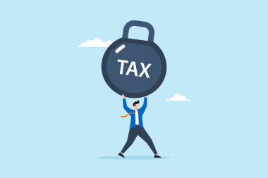 İş adamının düz çizimi, ağır yük ve borcu simgeleyen TAX etiketi taşıyor