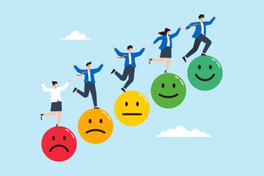 İş dünyasının düz bir çizelgesi. İnsanlar endişeden mutluluk ve iyimserliği simgeleyen mutluluk emojisine atlıyorlar.