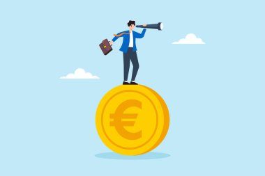 Avrupa ekonomisini tahmin etmek için teleskop kullanarak avroya yatırım yapan işadamlarının düz çizimi