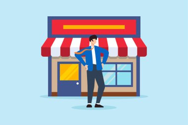 Girişimciliği sembolize eden yeni şirket mağazasının önünde duran kendinden emin işadamının düz çizimi