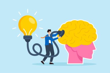 İş adamının düz çizimi ampul fikri tıkaçlarını insan beynine bağlıyor yaratıcılığı ve yeniliği simgeliyor.