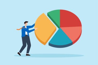 Pazar payını ve gelir dağılımını temsil eden renkli pasta grafiğini alan işadamlarının düz çizimi