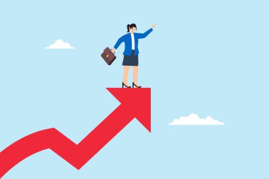 Başarılı iş kadınlarının düz çizimi, parlak geleceği gösteren büyüme okunun üzerinde duruyor.