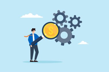 İşadamının düz çizimi, çarkın etkin maliyetini simgeleyen dolar paralarını denetlemek için büyüteç kullanıyor