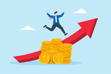 Zengin işadamının düz çizimi para birikintisinin üzerinde yükseğe zıplayarak büyüme grafiği ile finansal başarıyı sembolize eder
