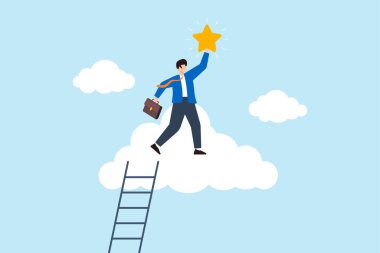 Başarılı iş adamının düz çizimi bulutların üzerinde duruyor ve çok değerli bir yıldıza ulaşmak için kariyer zaferi hayallerinin şampiyonluğu işini yapıyor.