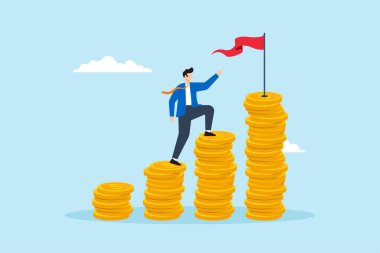 İşadamlarının düz çizimi, kırmızı hedefli finansal hedefe ulaşmak için para birikintisini tırmandırıyor. Yatırım planı maaş artışı.