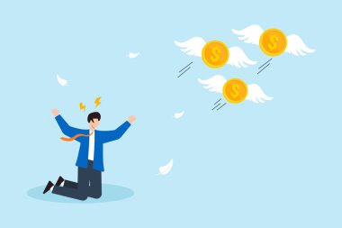 Kanatlarıyla uçan paralara uzanan işadamının düz çizimi, kaçırılan finansal fırsatları simgeliyor. Zayıf yatırım ve iflas riski.