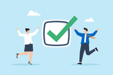 Mutlu iş adamlarının, görev tamamlama projesinin başarısını ve başarısını simgeleyen büyük işaretleri kutlayan düz bir çizimi.