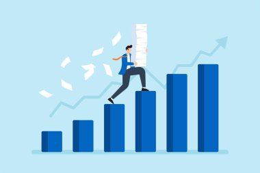 Basınç artışı ve üretkenlik zorluğunun sembolü olarak ağır evrak taşırken, büyüyen bar tablosuna tırmanan işadamlarının düz çizimi