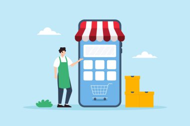 Küçük işletme sahibinin çevrimiçi mağaza önü akıllı telefon, mobil ticaret dijital perakende girişimcisi ve e-ticaret ile etkileşime geçtiği düz bir illüstrasyon.