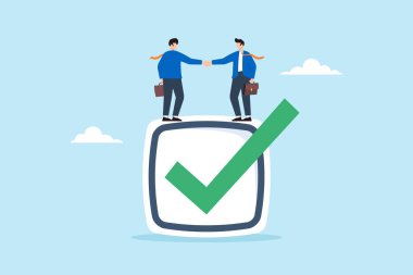 İki iş adamının el sıkıştığı ve büyük bir çek kutusunun üzerinde durduğu düz çizimler, iş ortaklığı güvencesi ve başarılı bir anlaşma.