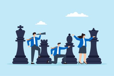 Rekabet planlama, takım çalışması ve karar verme konularını kazanmak için dev satranç taşları şirket stratejisini kullanan iş adamlarının düz çizimi.