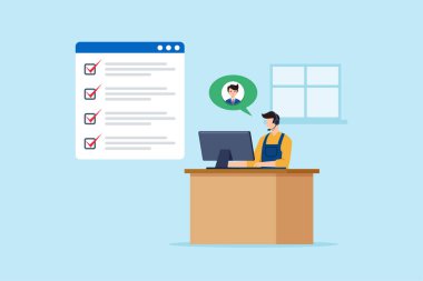 Yardımcı masadaki kulaklık ve bilgisayarla müşteriye çevrimiçi olarak yardımcı olurken, görev kontrol listesini kontrol eden destek personelinin düz çizimi