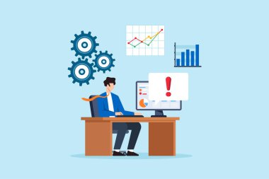 Modern işyerindeki gösterge paneli uyarısı ve veri analizleriyle ofis çalışanlarının sistem çözümlemelerinin düz çizimi