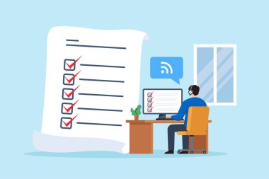 Çevrimiçi yardım sırasında bilgisayardaki kontrol listesi ile biletleri gözden geçiren uzaktan destek operatörünün düz çizimi