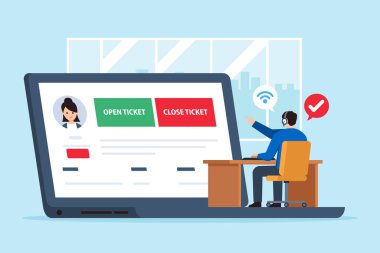 Çevrimiçi yardım masasında kulaklıkla açık ve kapalı biletleri inceleyen müşteri destek acentesinin düz çizimi