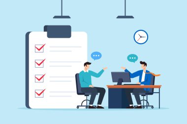 Ofis toplantısında kontrol listesi ve masaüstü bilgisayarı kullanarak danışman ile görevleri tartışmanın düz illüstrasyonu