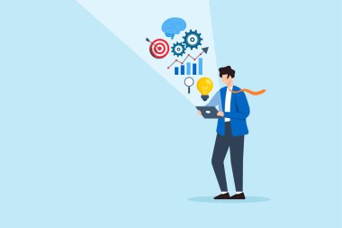 Ticari çözüm konsepti olarak parlayan ampulleri ve veri görselleştirme beyin vites grafiklerini hedefleyen tabletle kavrayışı keşfeden iş adamının düz çizimi