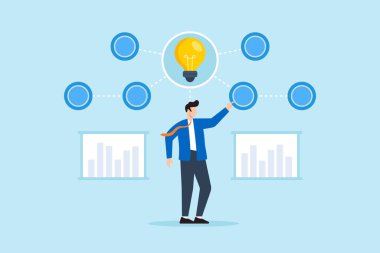 Fikir berraklığı ve dijital içgörüyü aydınlatmak için yüzen veri grafiğinin merkez merkezini etkinleştiren iş adamının düz çizimi