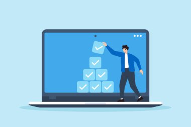 Sanal çalışma sahasında verimliliği ve proje organizasyonunu temsil eden yapı taşları gibi tamamlanmış görevleri istiflemenin düz bir illüstrasyonu