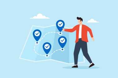 İz sürme ve iş akışı planlamasını temsil etmek için hedef simgeleri olarak kontrol listesi simgelerini taşıyan serbest meslek haritasının düz çizimi