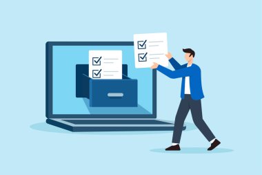 Uzak çalışanın görev arşivi ve proje yönetimi için dijital dolap çekmecesine kontrol listesi dosyaları yerleştirmesinin düz çizimi