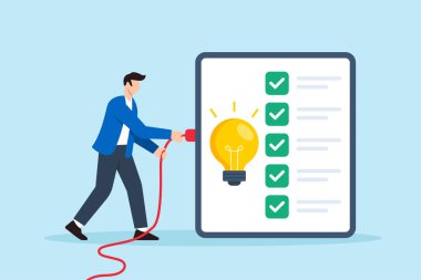 Üretkenlik ve görev tamamlama sembolü olarak parlayan ampulle kontrol listesi tahtasını aydınlatmak için kablolar takan uzak işçilerin düz çizimi