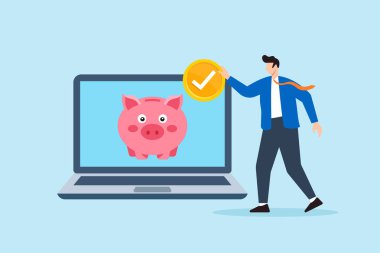 Görev tamamlama ve proje tasarruflarını takip etmek için dizüstü bilgisayardaki kumbaraya bozuk para atan uzaktan çalışanların düz çizimi