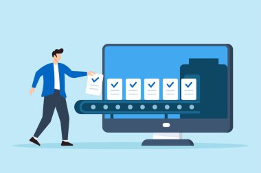 Görev yığınları ve iş akışı otomasyonunu temsil etmek üzere dijital taşıma bandındaki kontrol listesi konteynerlerini dolduran uzak işçilerin düz çizimi