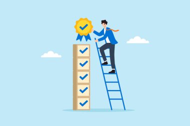 Kalite kontrol müdürünün tasdikli ürün yığınına uyum rozeti yerleştirmek için kontrol işaretleri basamaklarını tırmanmasının düz çizimi