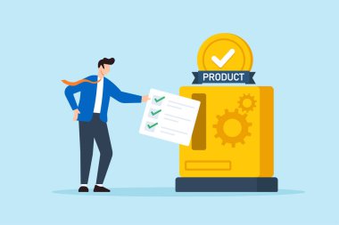 Uyum mekanizmasını açmak için ürün makinesine kontrol listesi ekleyen kalite kontrol yöneticisinin düz çizimi