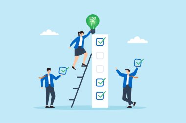 Çalışanların temiz enerji hedefine ulaşmak için yeşil ESG ampulünü listenin tepesine yerleştirmelerinin düz çizimi