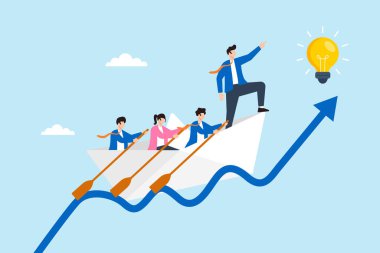 İnovasyon ve başlangıç başarısına doğru yükselen grafik dalgası ile kağıt teknede yol alan iş liderinin düz çizimi