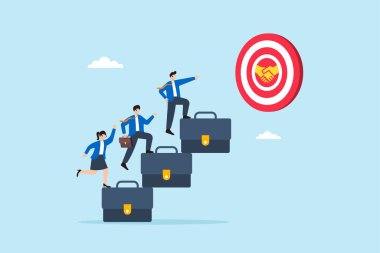 İşletme liderinin, ortaklık hedefine ulaşmak için evrak çantalı merdivenleri tırmanan rehberlik ekibinin düz çizimi